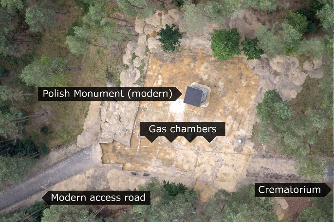 Annotated aerial view of Sobibor labeling the gas chambers, crematorium, modern access road, and Polish monument.