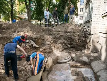 Archaeological excavation exposing structural remains of the Great Synagogue of Vilnius.