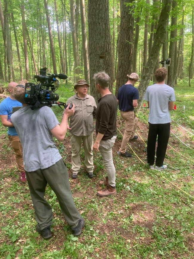 Research team in the Vidzgiris Forest being filmed by a Caravan Media documentary crew.