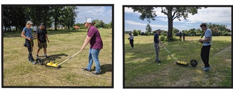 Two field photographs of researchers collecting ground-penetrating radar data at Jungfernhof.