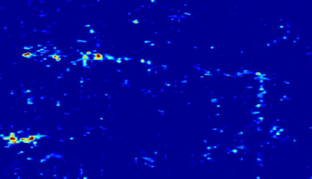 Merged ground-penetrating radar data at about 0.5 meters depth showing a right-angle reflection pattern associated with the prisoner barracks foundation.