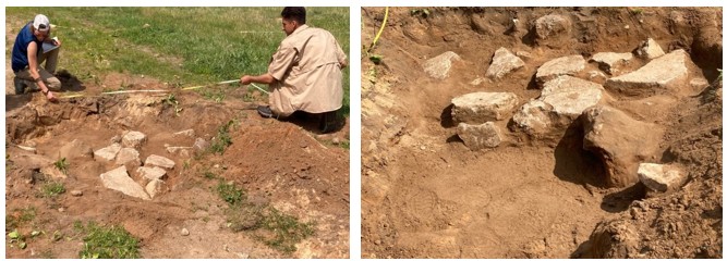 Two photographs showing researchers measuring exposed barracks foundation stones and a close view of the stones.