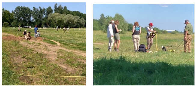 Two photographs of U.S. undergraduate students collecting field data at the Jungfernhof site.
