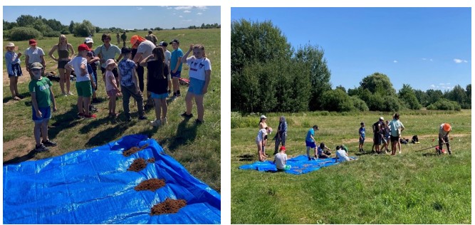 Two photographs of Latvian summer camp children participating in field research at Jungfernhof in July 2025.