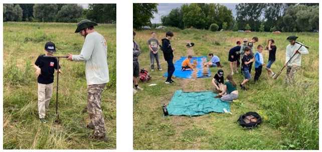 Two photographs of Latvian summer camp children probing soil and analyzing soil samples on tarps at Jungfernhof.