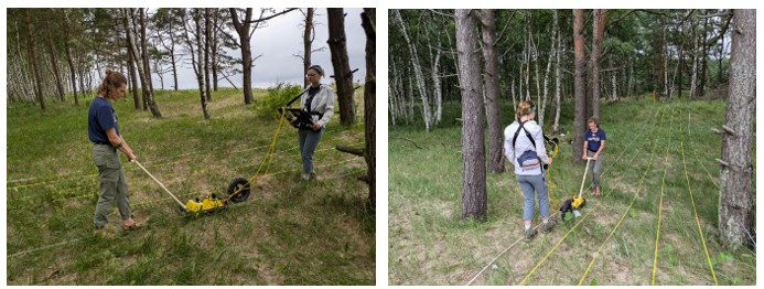 Two field photographs of researchers laying out and collecting ground-penetrating radar grids in the Skede dunes.