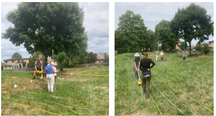 Two photographs showing researchers establishing a survey grid and collecting topographic data near a disturbed mound in Livas Cemetery.