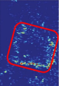 Ground-penetrating radar data slice from 1.60 to 1.65 meters depth with a red outline around right-angle reflection patterns.