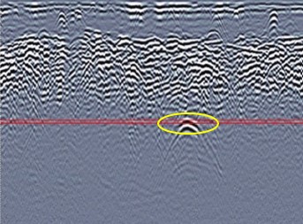 Corresponding ground-penetrating radar cross-section from 2.15 to 2.20 meters depth with the small anomaly outlined in yellow.
