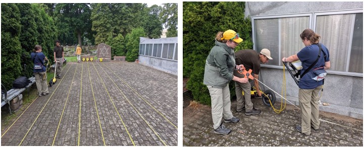 Two photographs of ground-penetrating radar data collection near the Star of David Memorial in Livas Cemetery.