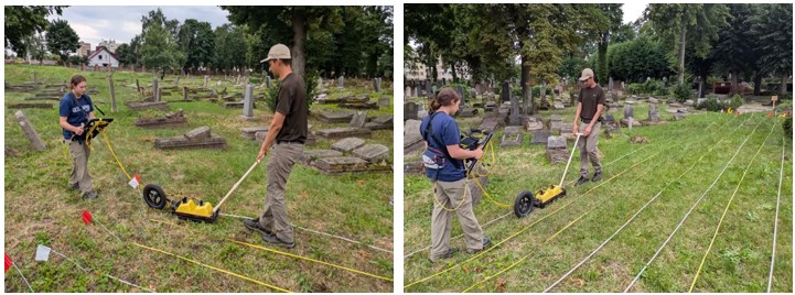 Two photographs of researchers collecting ground-penetrating radar data in a narrow grid beside headstones and the memorial wall in Livas Cemetery.