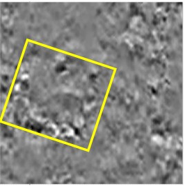 Impulse Radar image with a yellow square around a reflection pattern believed to correspond to the former gunpowder storage cellar in Livas Cemetery.