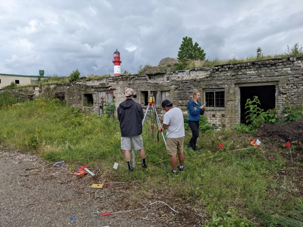 Researchers collecting ground-penetrating radar data at Grid 2 near the Liepaja fortification and lighthouse.