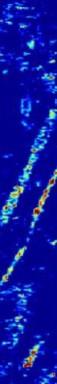 Ground-penetrating radar data slice from about 1.7 meters depth showing slanted reflection patterns interpreted as the sides of the burial trench.