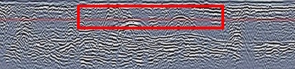 Ground-penetrating radar cross-section with a red rectangle highlighting two rounded hyperbolas interpreted as the sides of the burial trench.
