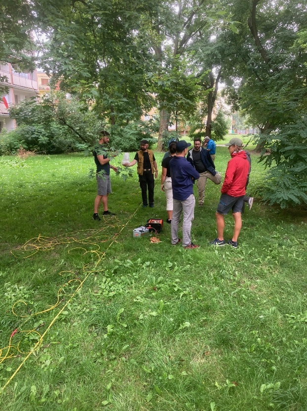 Research team collecting electrical resistivity tomography data in the area suspected to contain the Krysia Bunker.