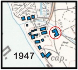 Annotated 1947 map of the Jungfernhof site with camp buildings highlighted and the prisoner barracks location circled in red.